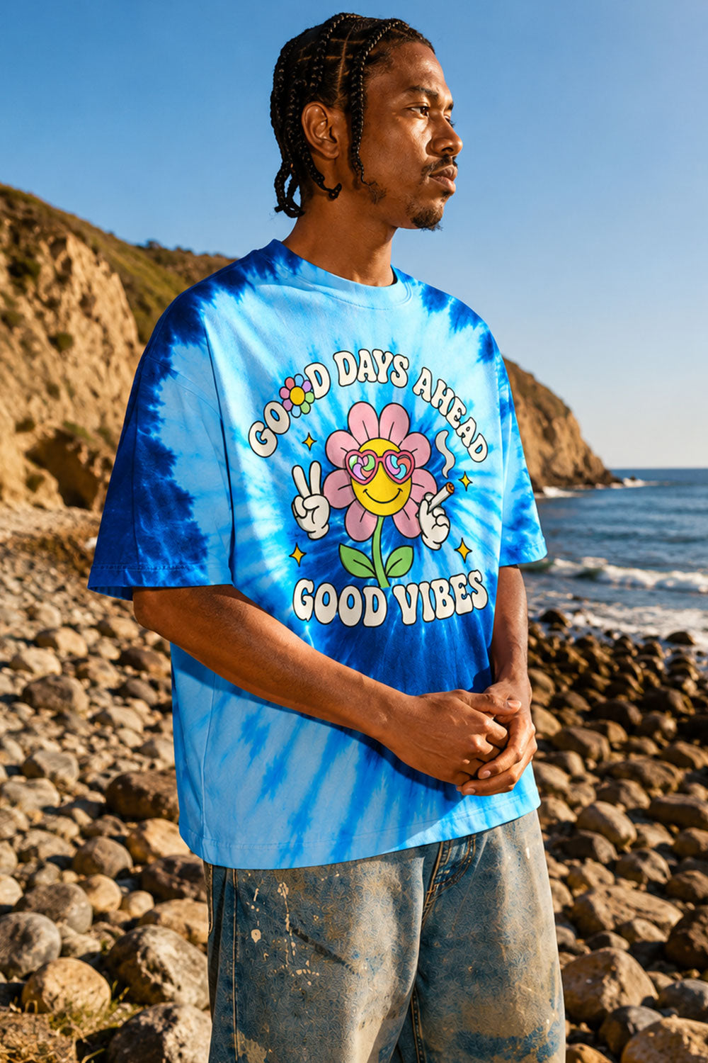 Blue Good Vibes Tie-Dye Flower Stoner Tee