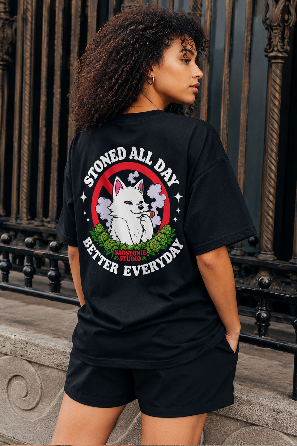 Stoned All Day Cat Graphic Black T-Shirt
