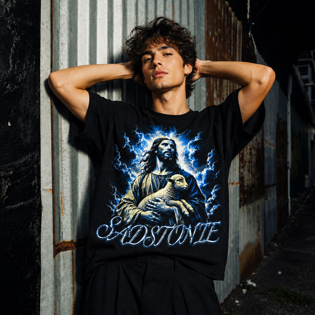 Jesus Holding Lamb Black Graphic T-Shirt