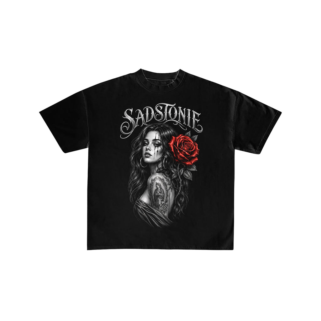 Gothic Girl Red Rose Graphic Black Tee