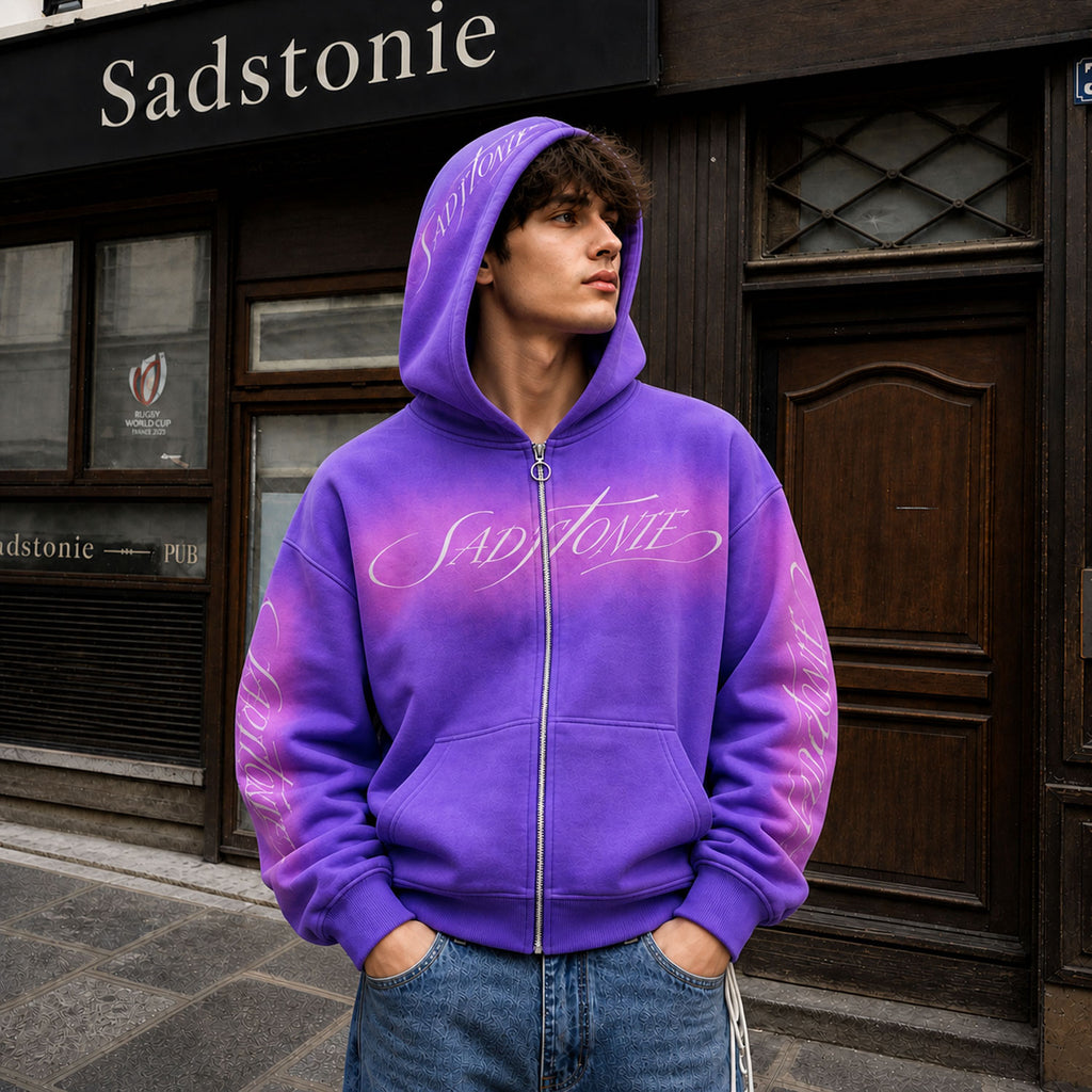 Purple Ombre Script Zip-Up Cropped Hoodie