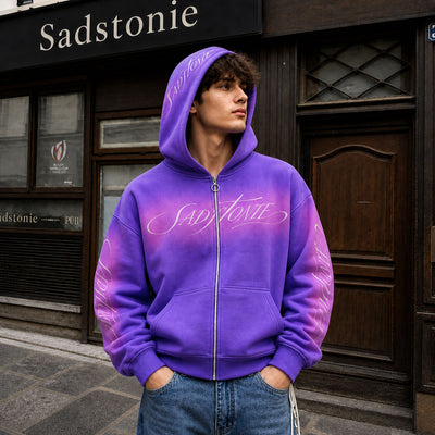 Purple Ombre Script Zip-Up Cropped Hoodie