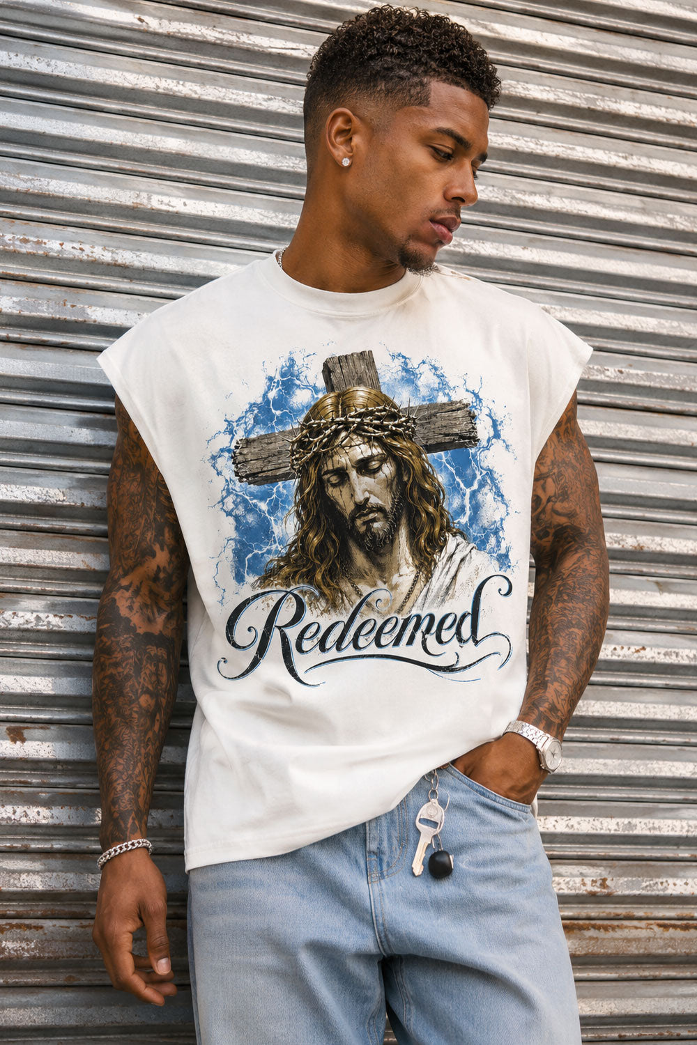 Crucifix Christian Muscle Tee White Cotton