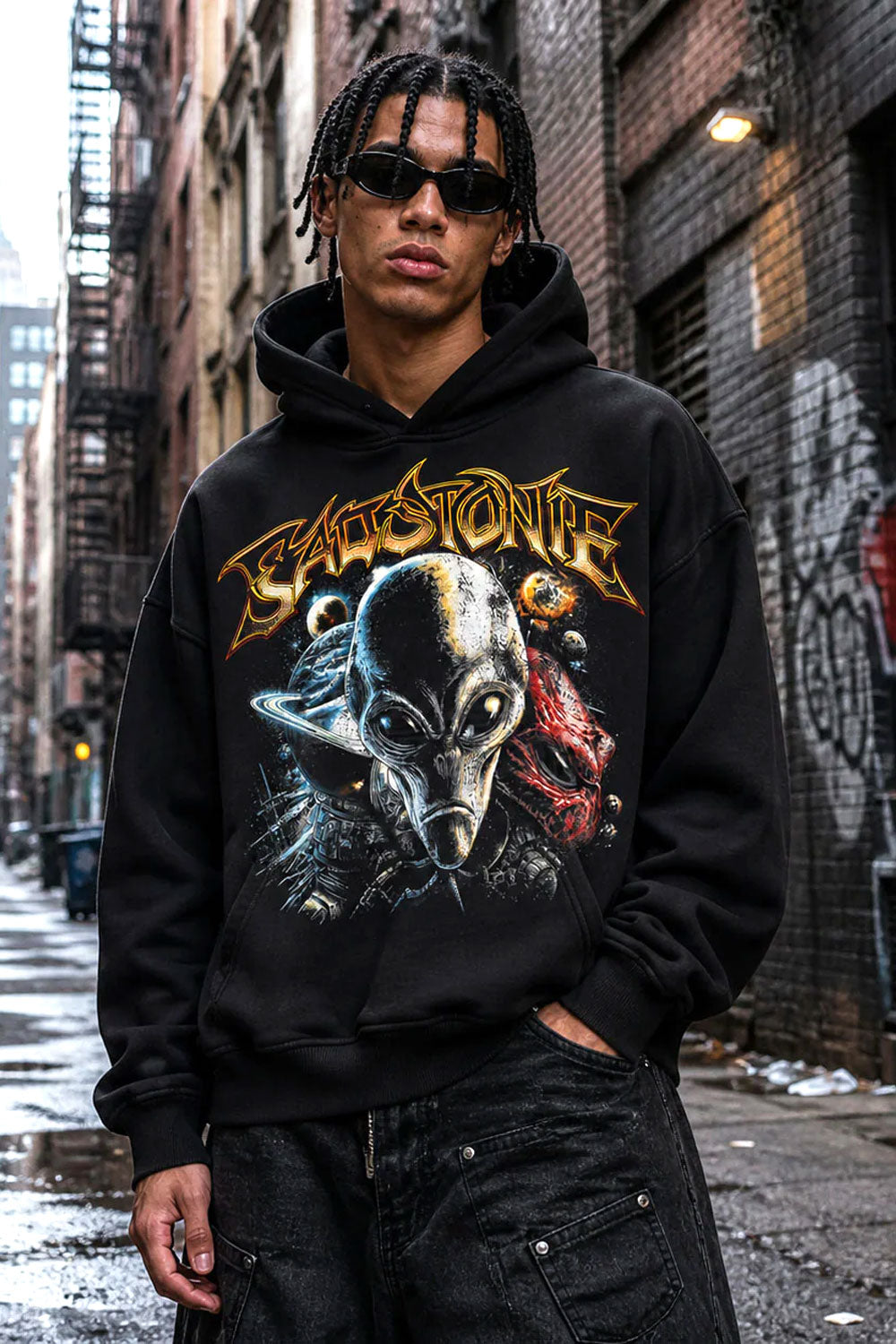 Alien Space Graphic Cropped Black Hoodie