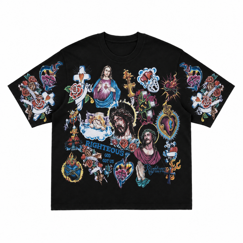 All-Over Religious Tattoo Graphic Black T-Shirt
