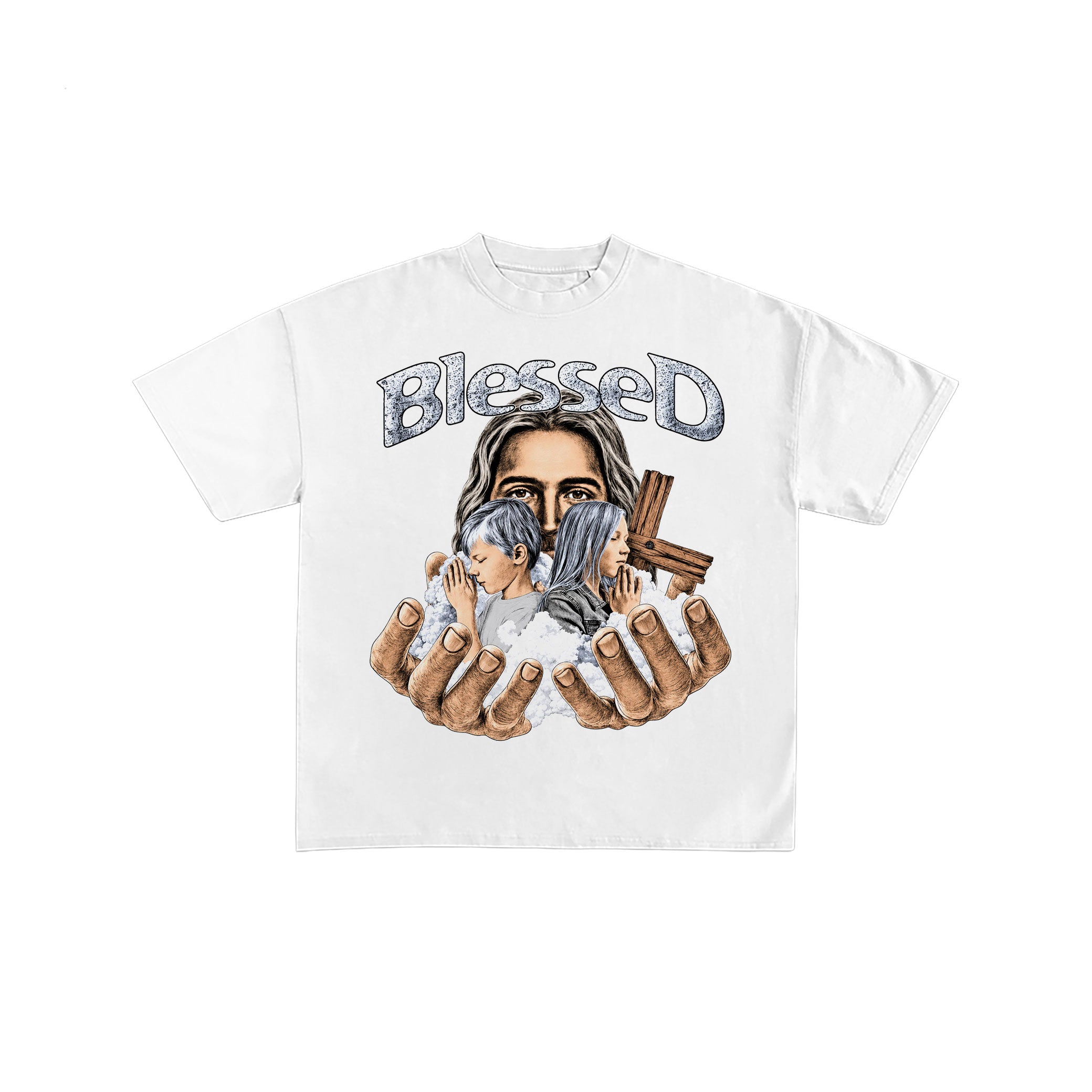 Blessed Jesus Praying Children White Tee