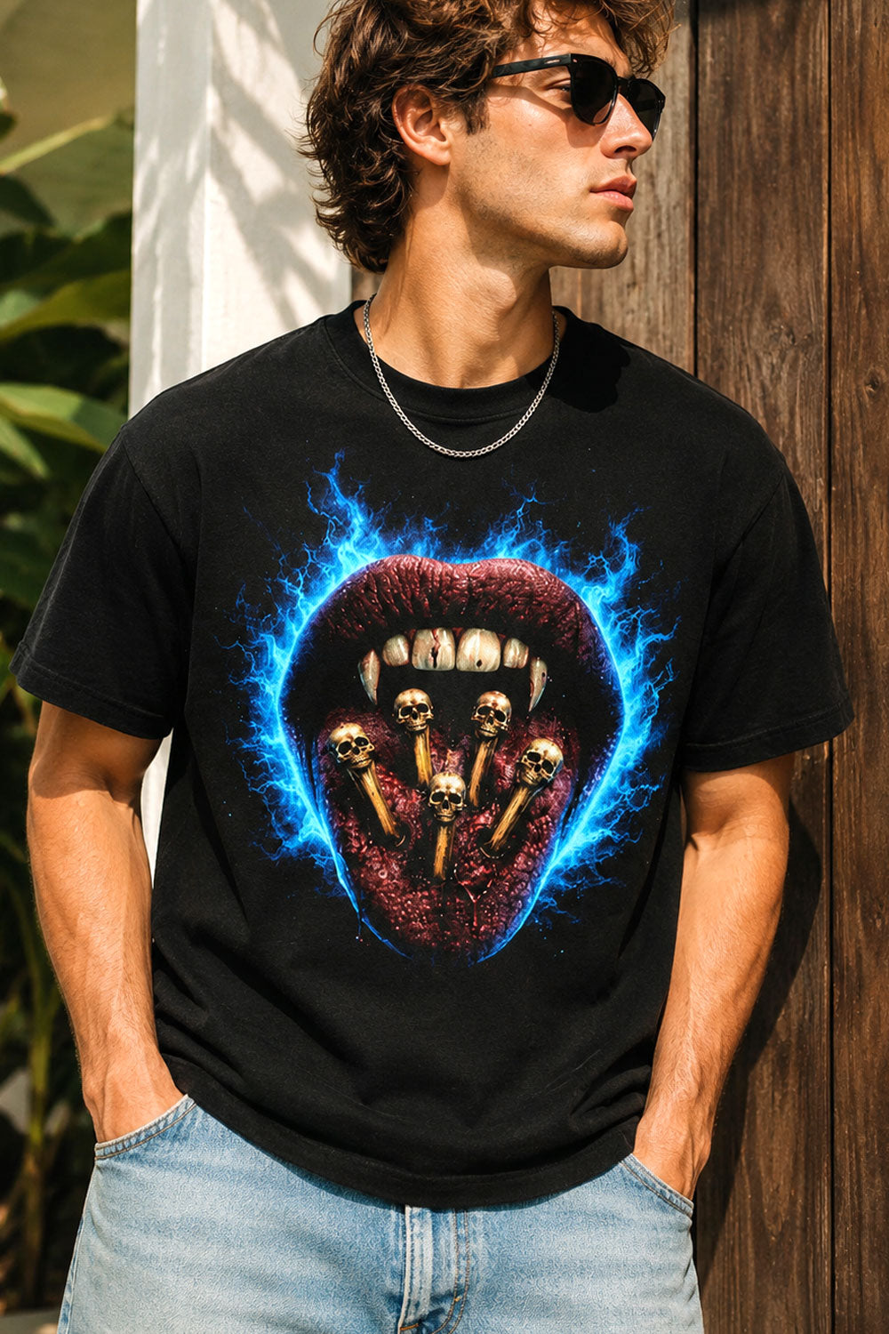Blue Flame Vampire Lips Skull Graphic T-Shirt