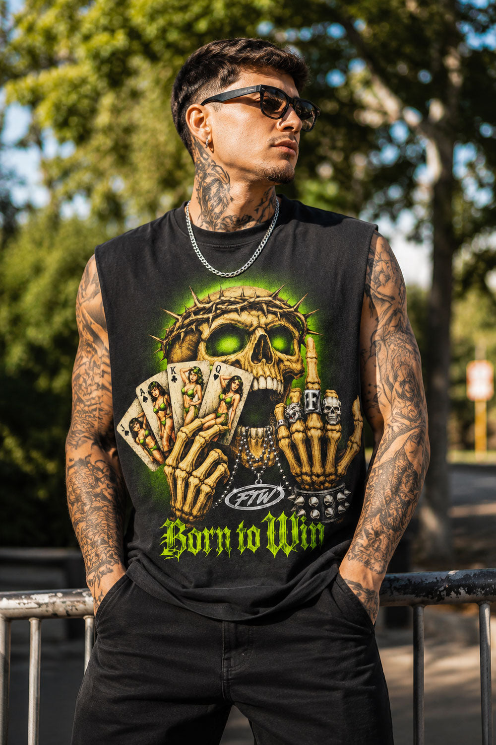 Born to Win Skull & Cards Graphic Muscle Tee