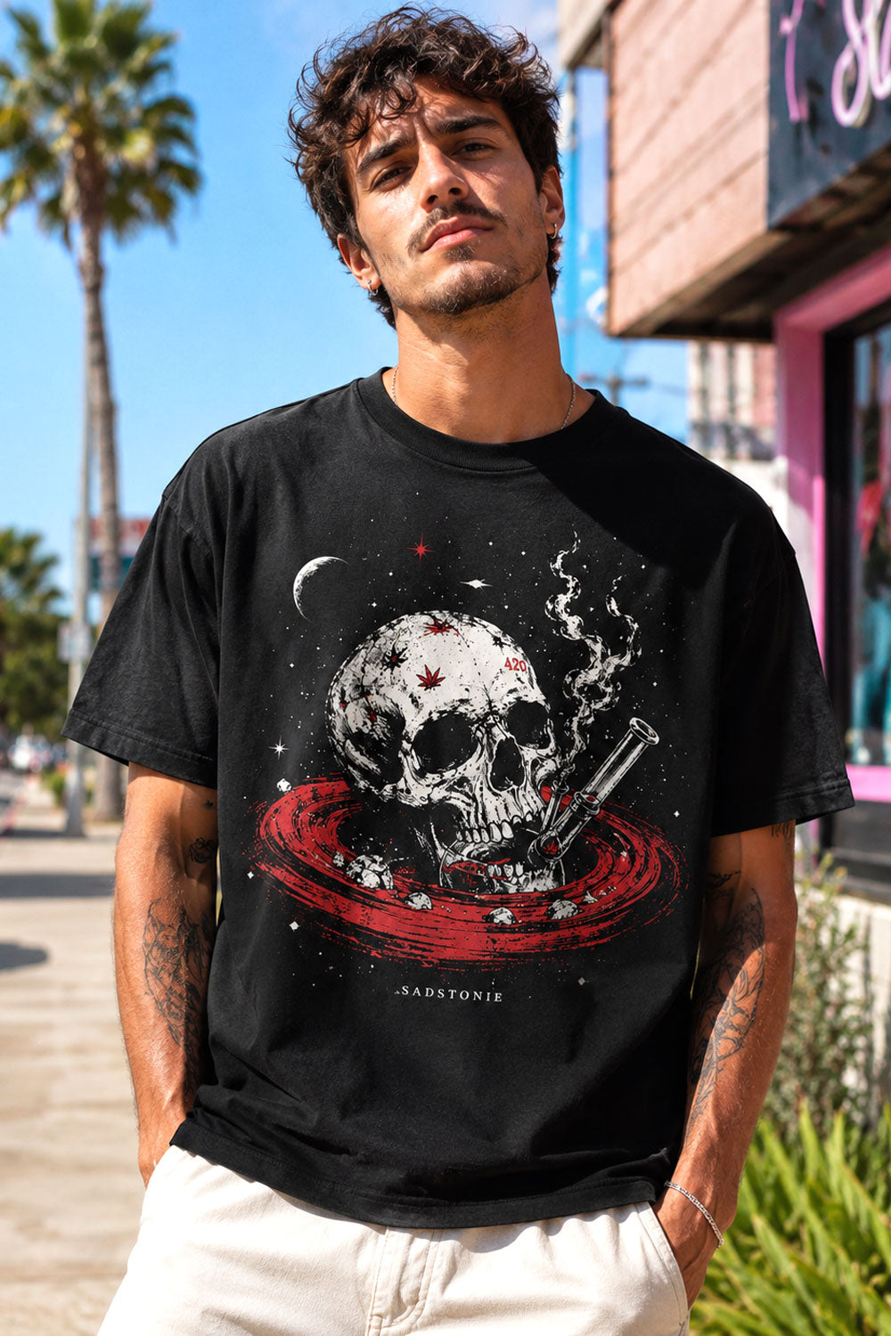 Cosmic Skull Bong Space Graphic T-Shirt