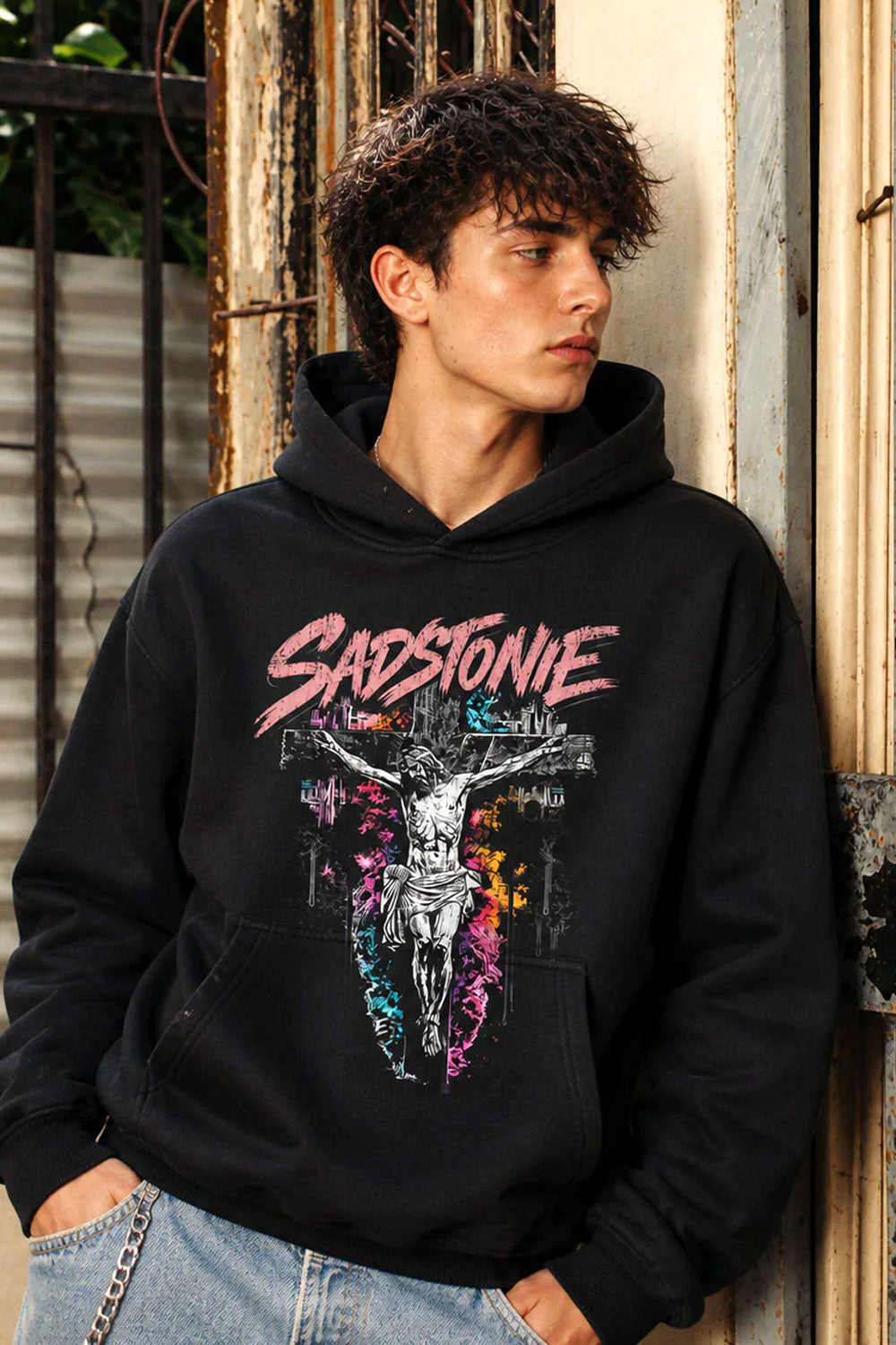 Crucifix Splatter Graphic Black Cropped Hoodie