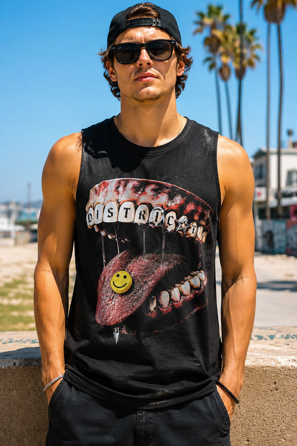 Distorted Mouth Smile Graphic Sleeveless Tee