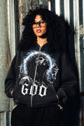 God Graphic Black Cropped Zip-Up Hoodie