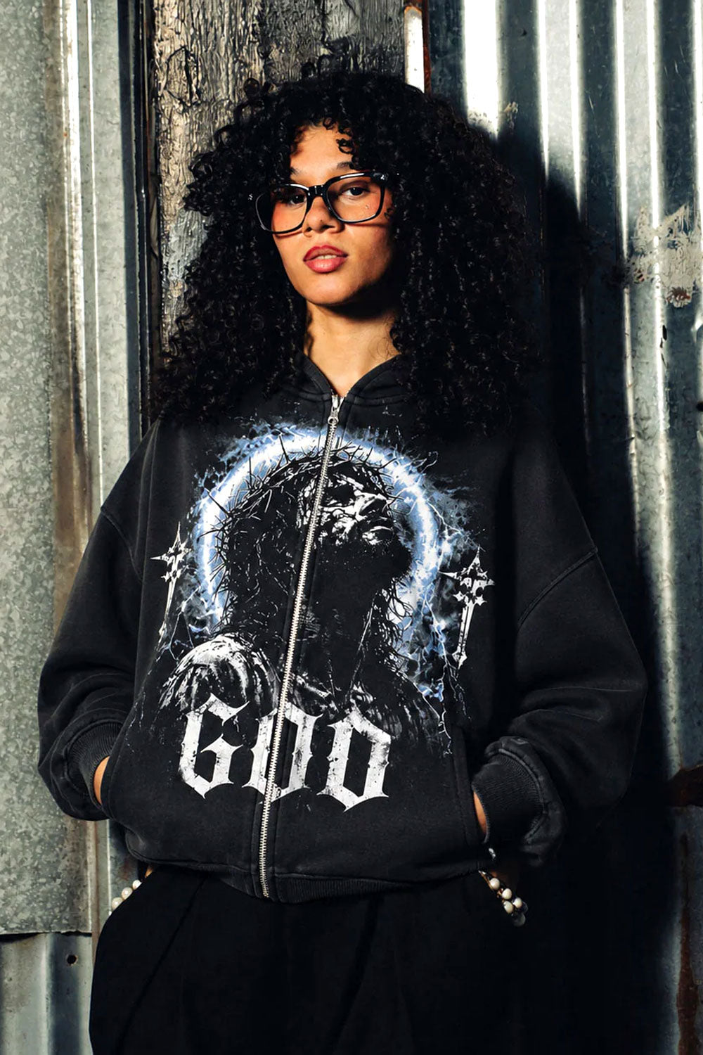 God Graphic Black Cropped Zip-Up Hoodie