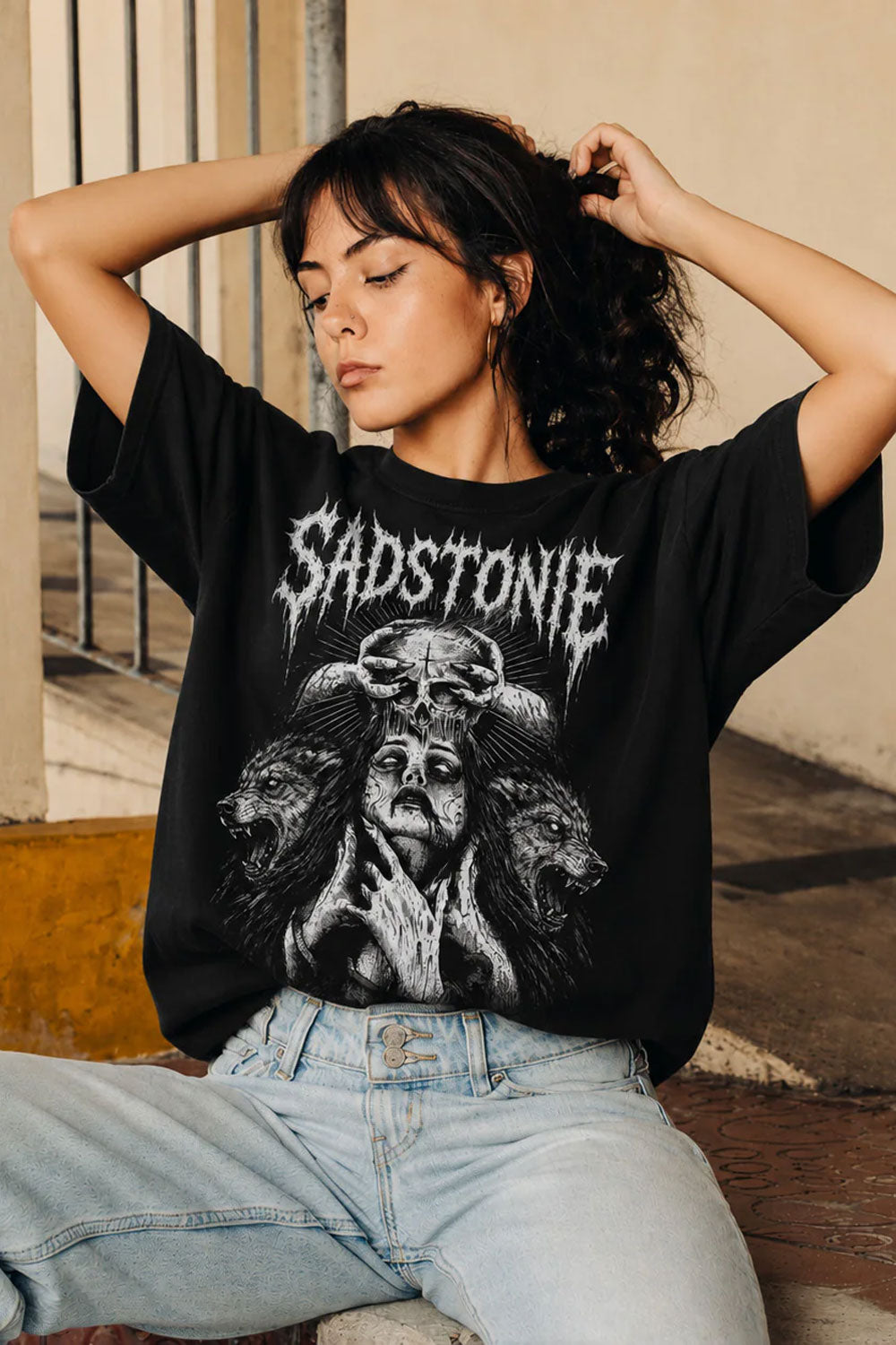 Gothic Wolf Skull Graphic Oversized T-Shirt