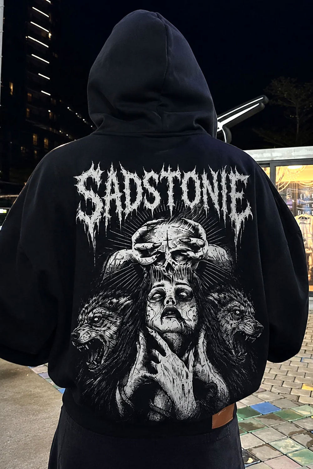 Gothic Wolf & Skull Graphic Oversized Hoodie