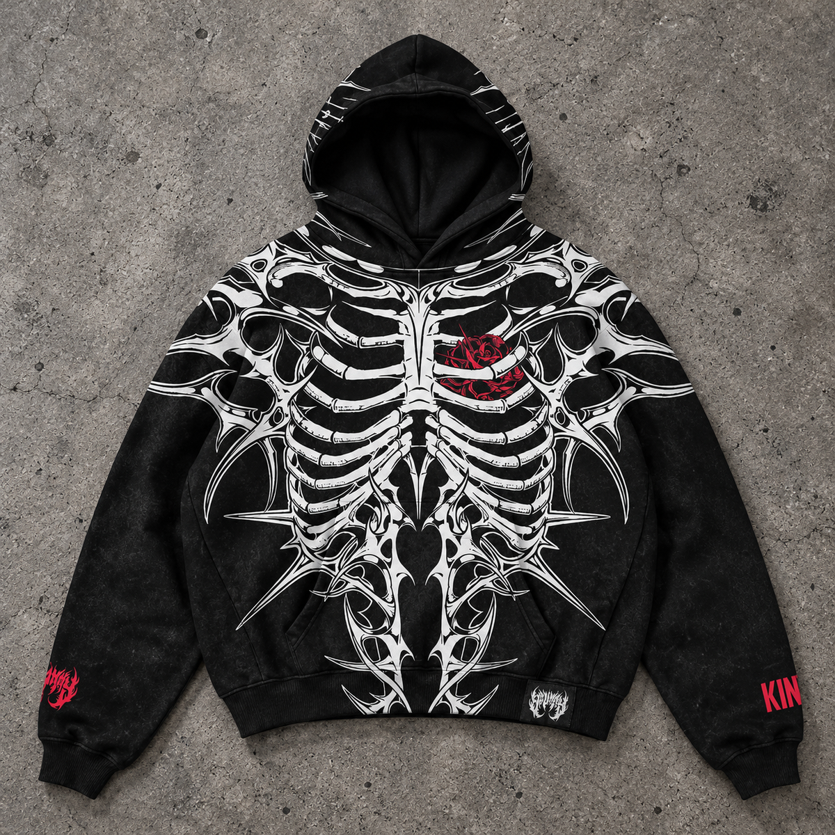 Gothic Cyber Skeleton Ribcage Red Rose Hoodie