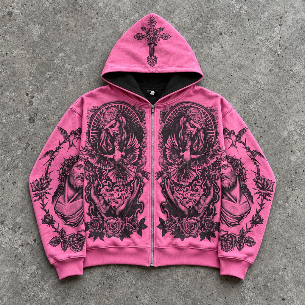 Gothic Pink Jesus Christ Dove Cross Zip Hoodie