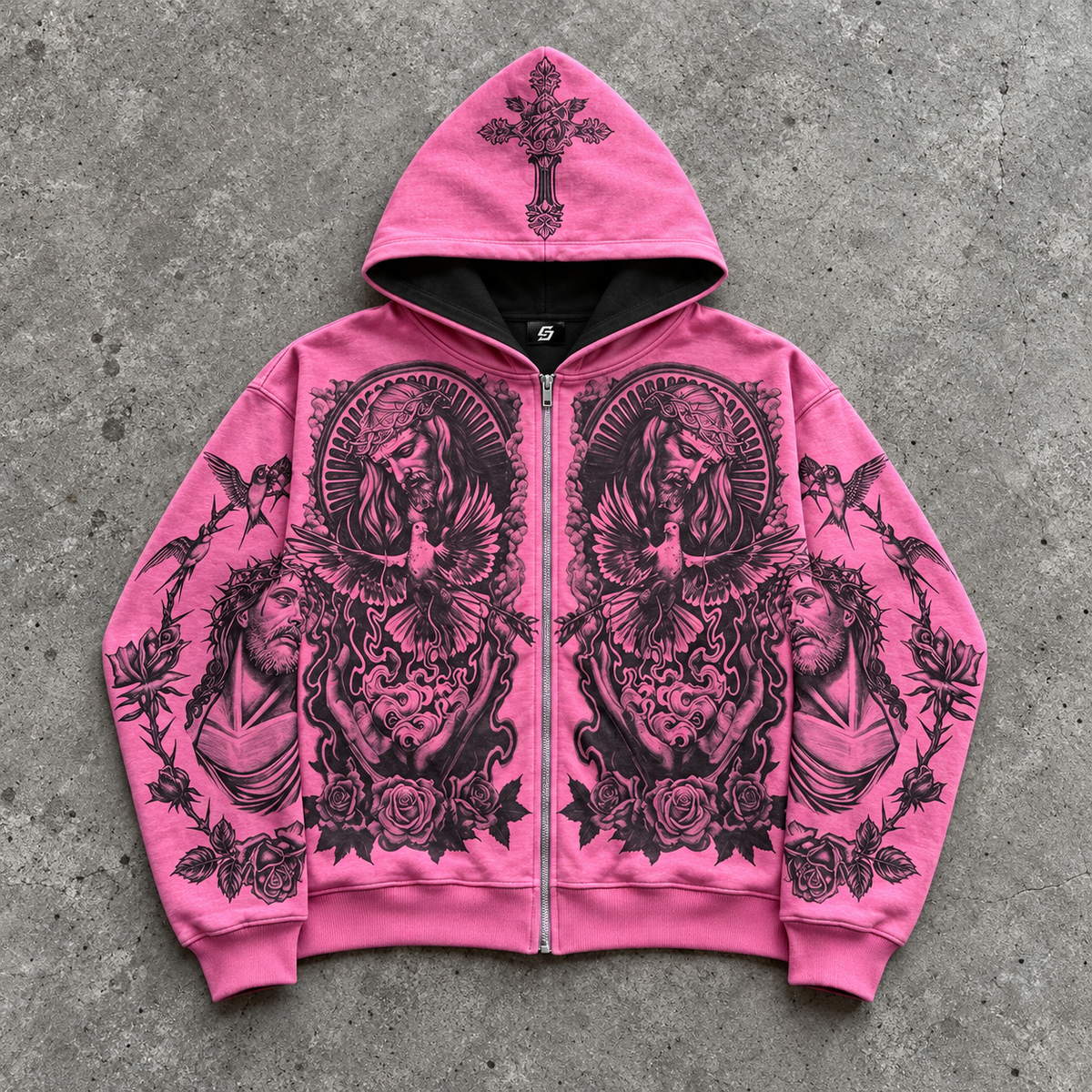 Gothic Pink Jesus Christ Dove Cross Zip Hoodie