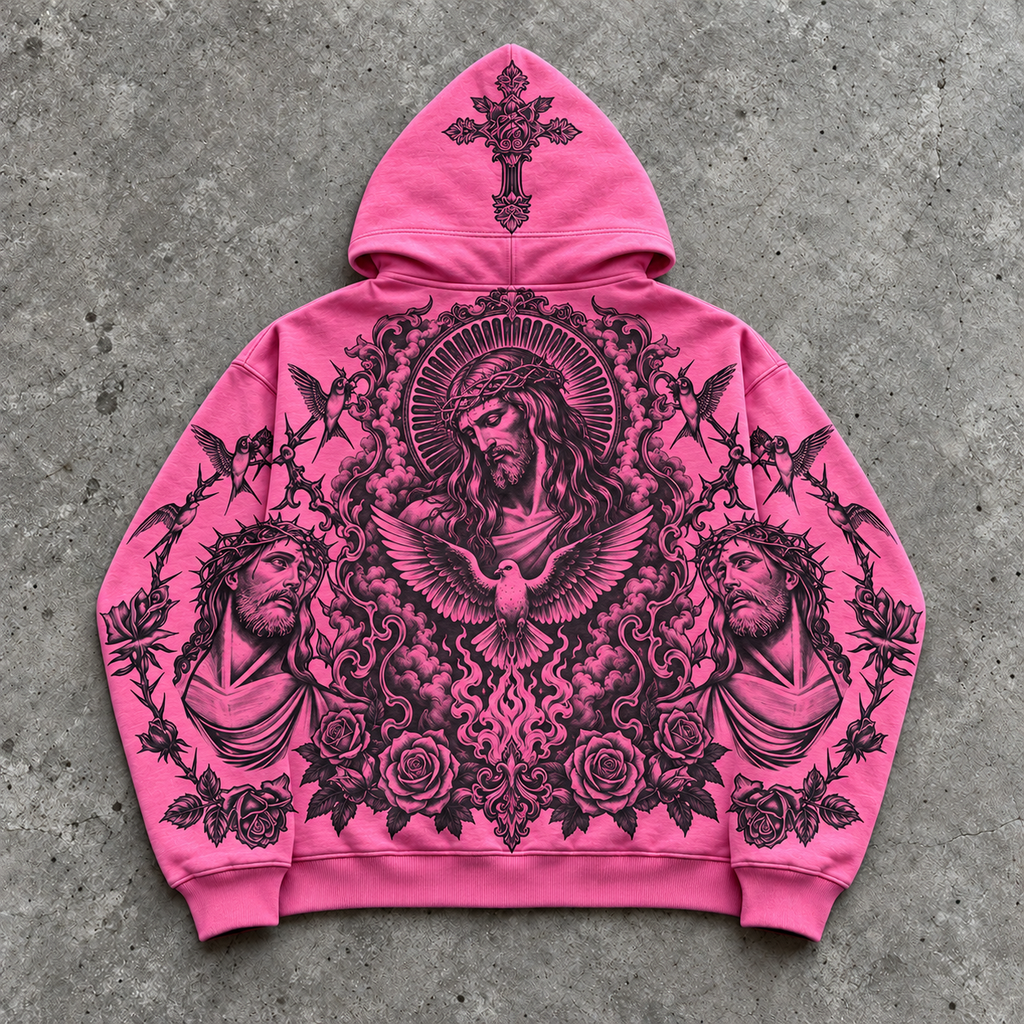 Gothic Pink Jesus Christ Dove Cross Zip Hoodie