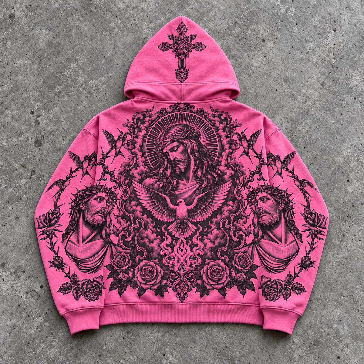 Gothic Pink Jesus Christ Dove Cross Zip Hoodie
