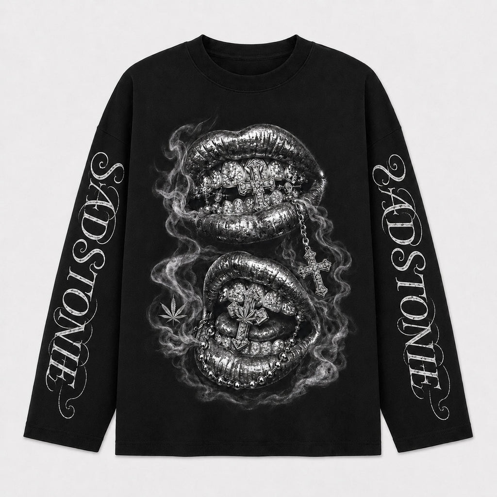 Gothic Silver Lips Graphic Long Sleeve Shirt