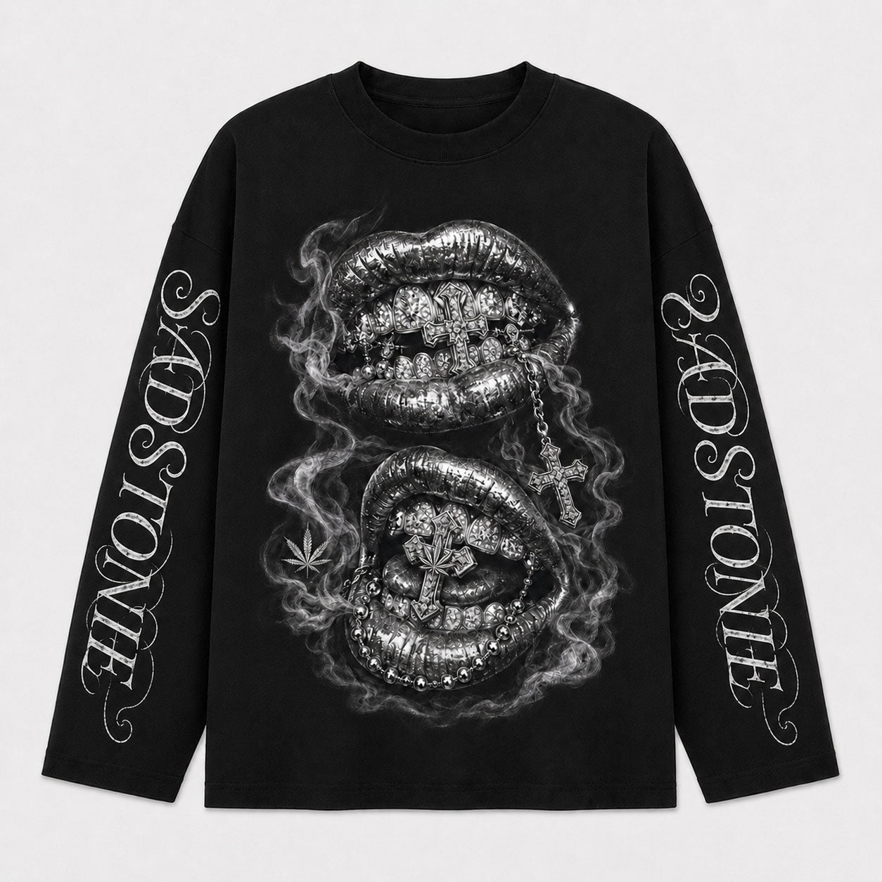 Gothic Silver Lips Graphic Long Sleeve Shirt