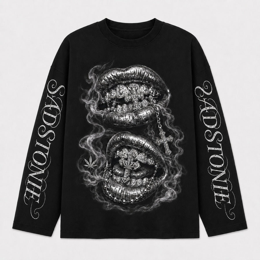 Gothic Silver Lips Graphic Long Sleeve Shirt