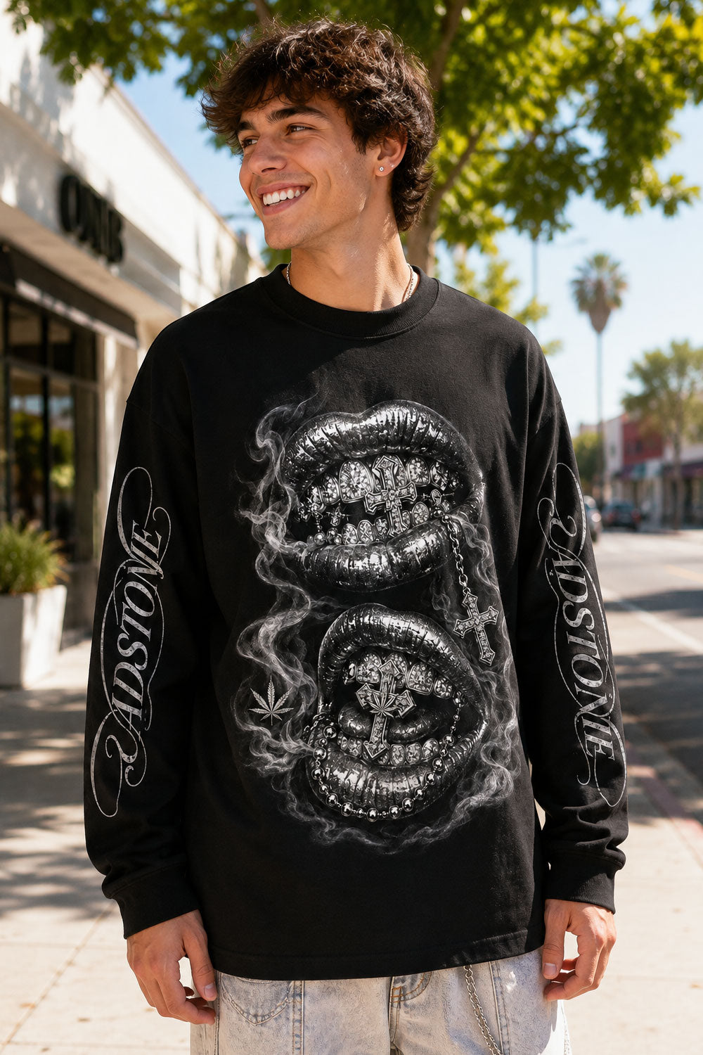 Gothic Silver Lips Graphic Long Sleeve Shirt