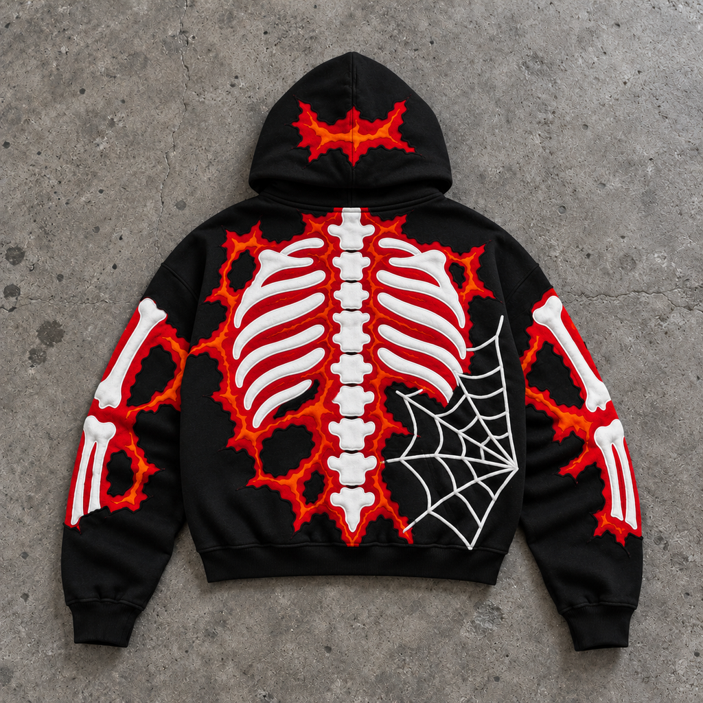 Gothic Skeleton Flame Spider Web Hoodie