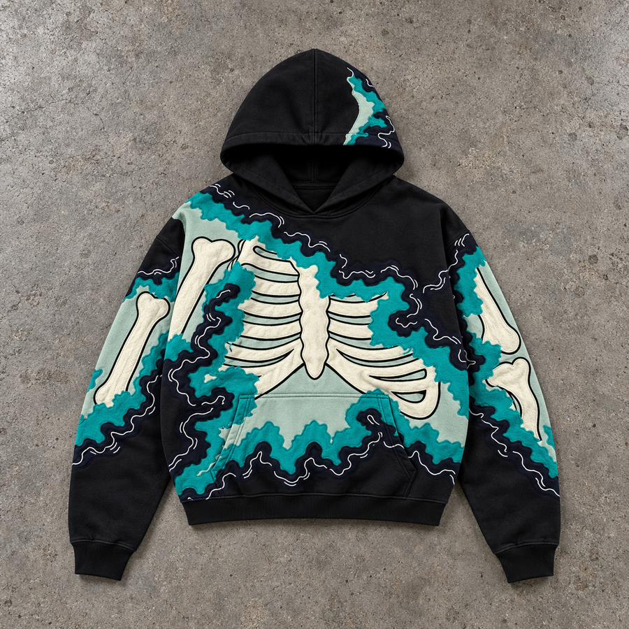 Gothic Teal Flame Skeleton Ribcage Hoodie