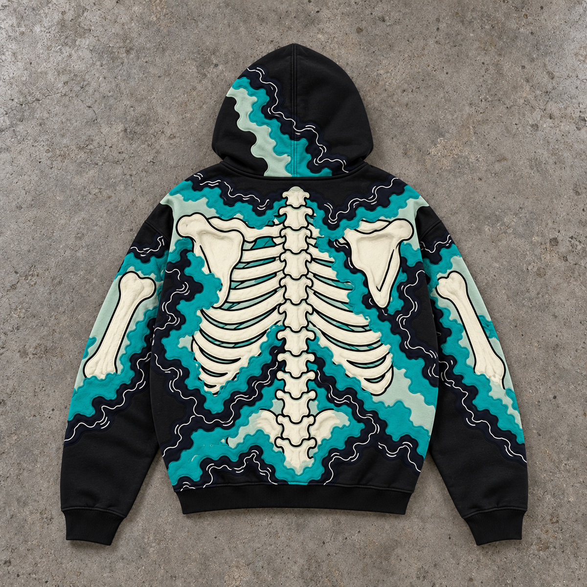 Gothic Teal Flame Skeleton Ribcage Hoodie