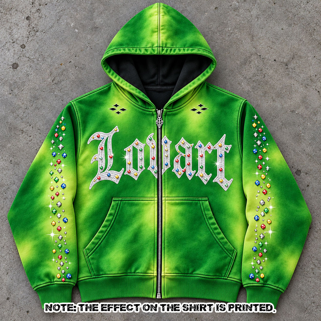 Green Acid Wash Rhinestone Graphic Hoodie