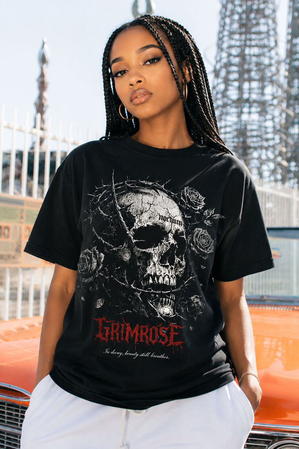 Grimrose Skull and Thorns Graphic Black T-Shirt