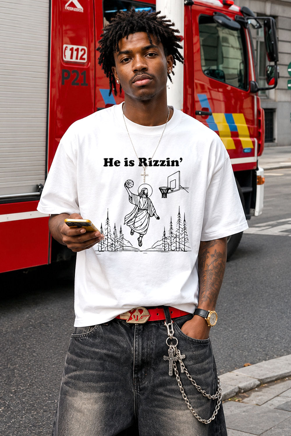 He Is Rizzin Jesus Basketball White Graphic Tee