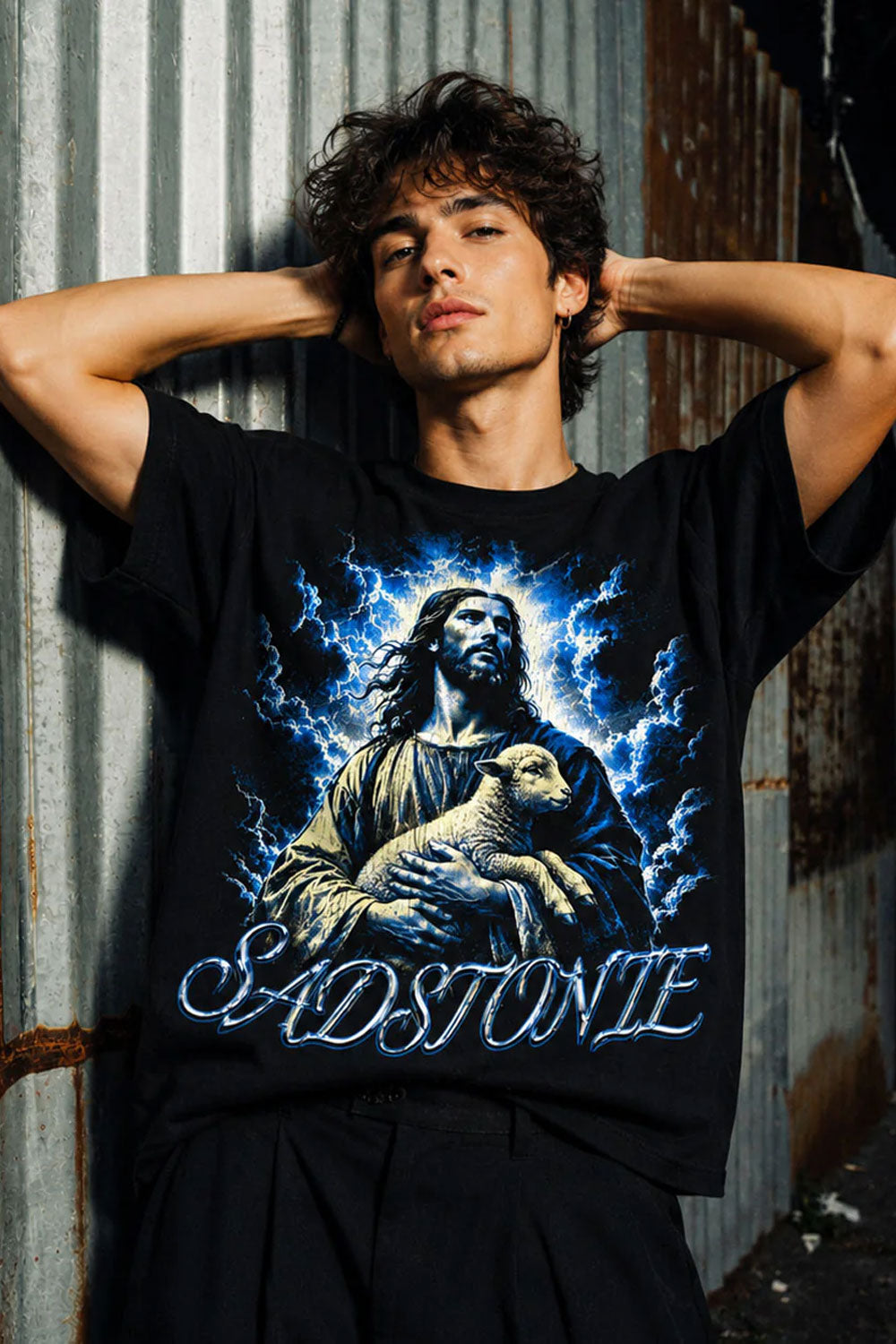 Jesus Holding Lamb Black Graphic T-Shirt
