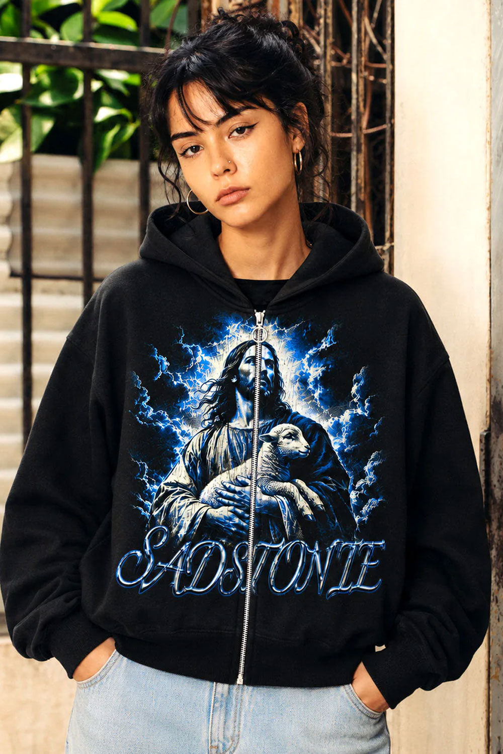 Jesus Holding Lamb Black Zip Hoodie