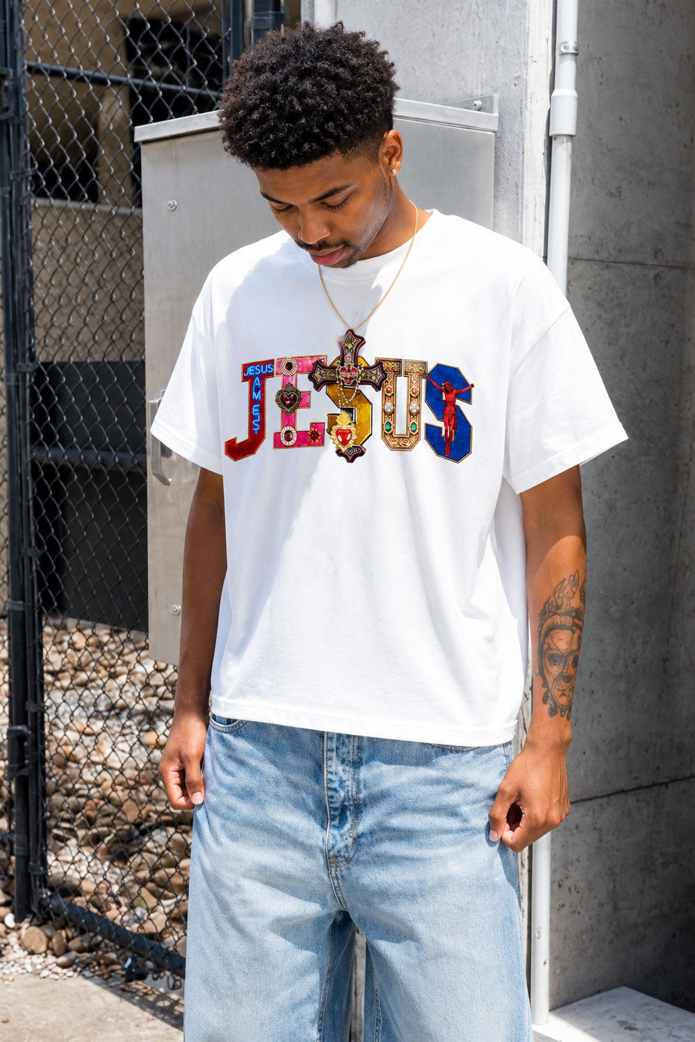 Jesus Cross Rhinestone Graphic White Tee