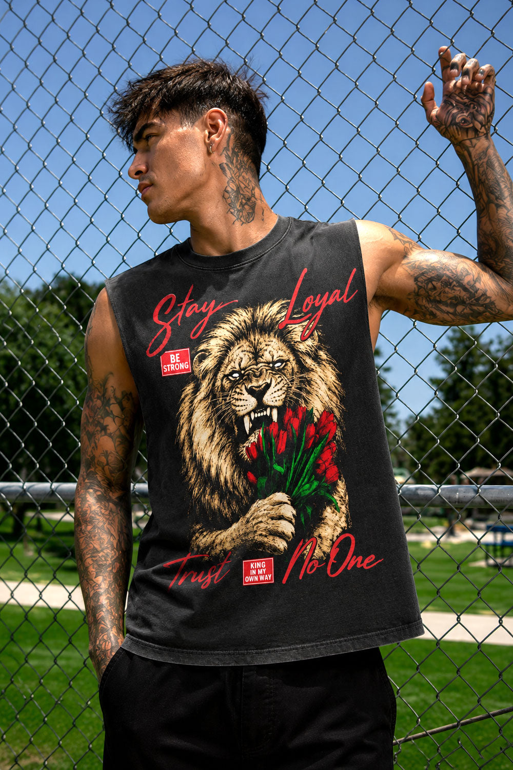 Lion Graphic Acid Wash Sleeveless Muscle Tee