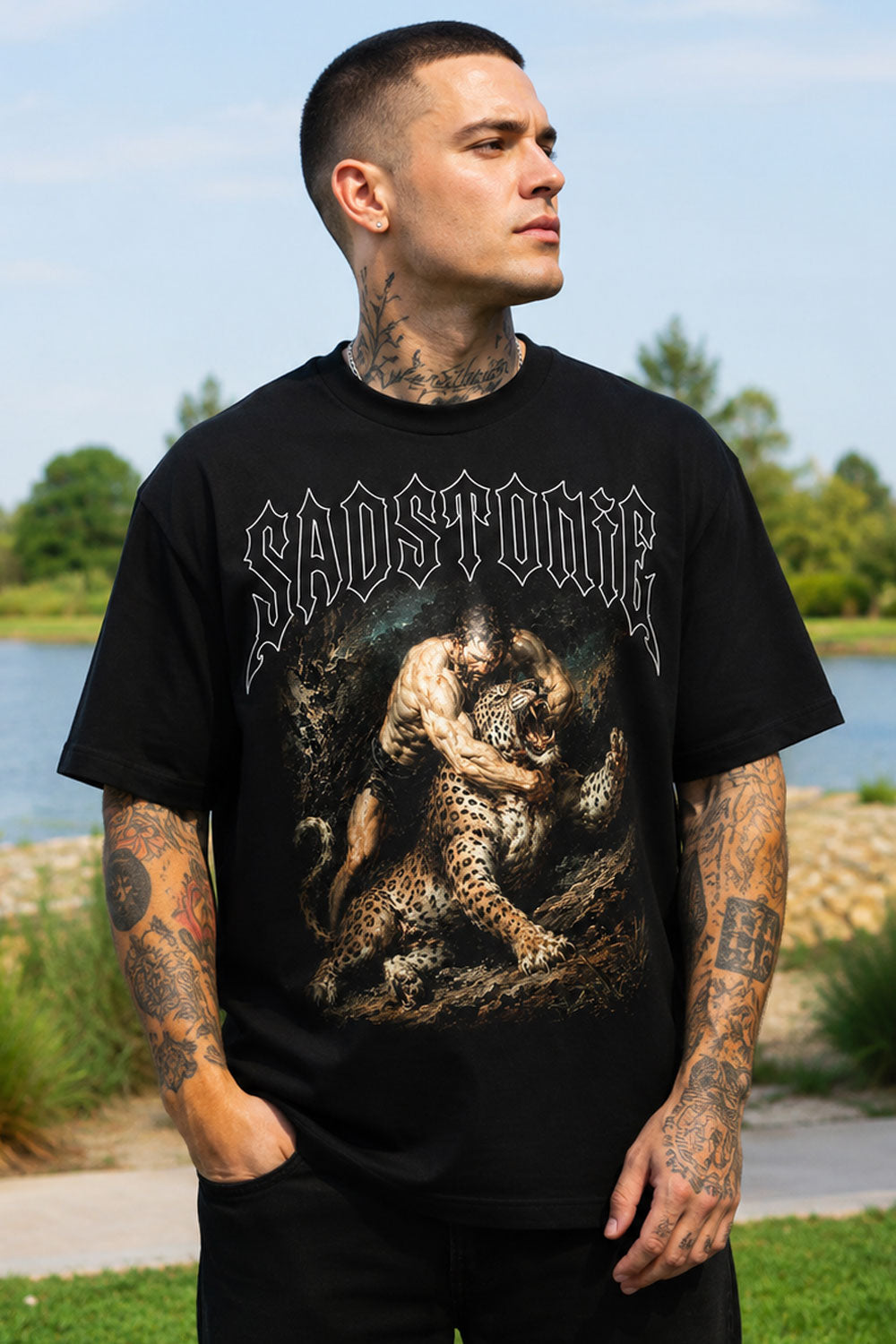 Muscle Man vs Leopard Vintage Graphic Tee