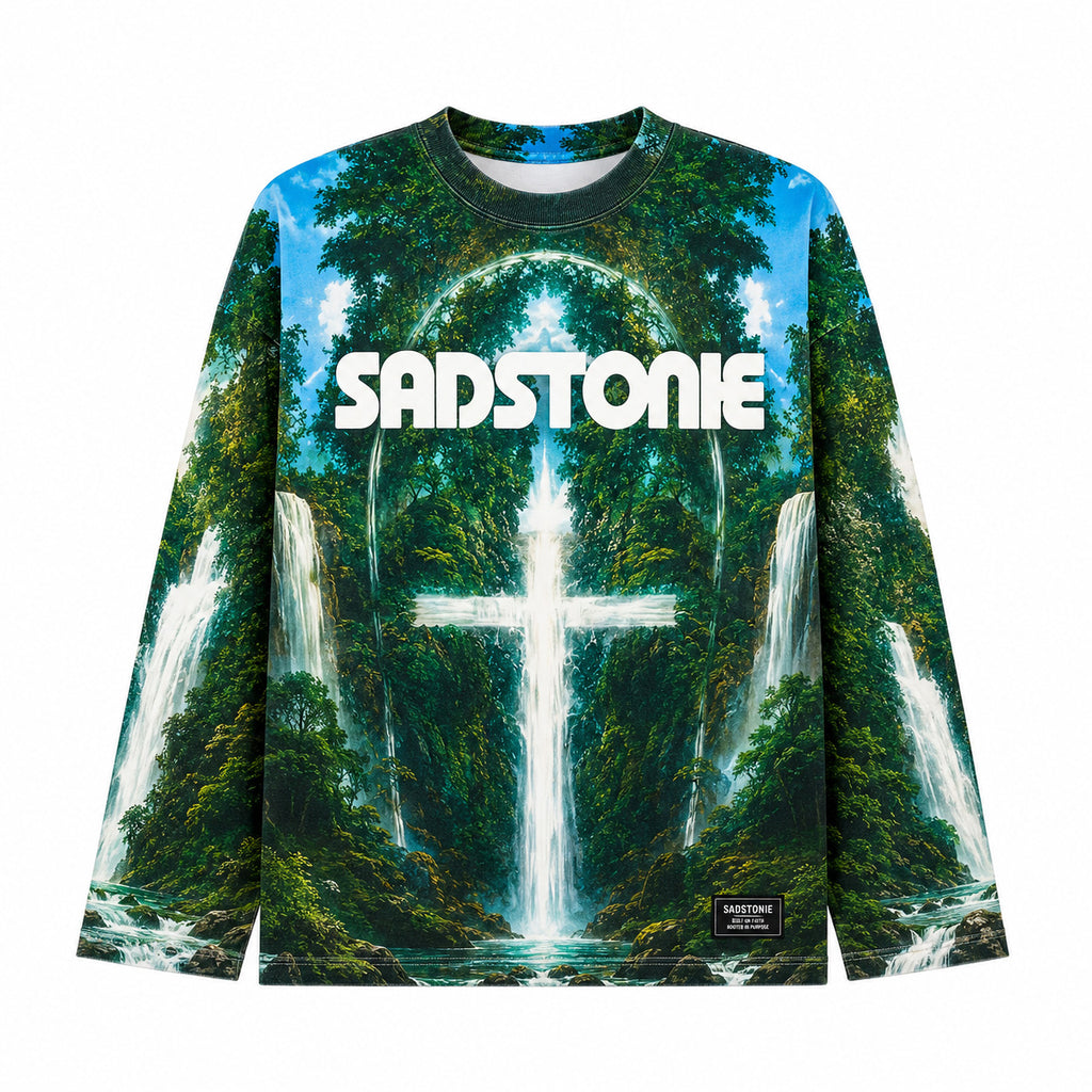 Nature Waterfall Cross Graphic Long Sleeve Shirt