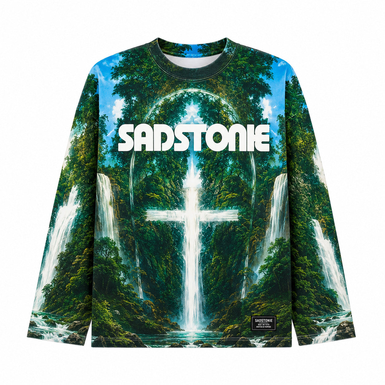 Nature Waterfall Cross Graphic Long Sleeve Shirt