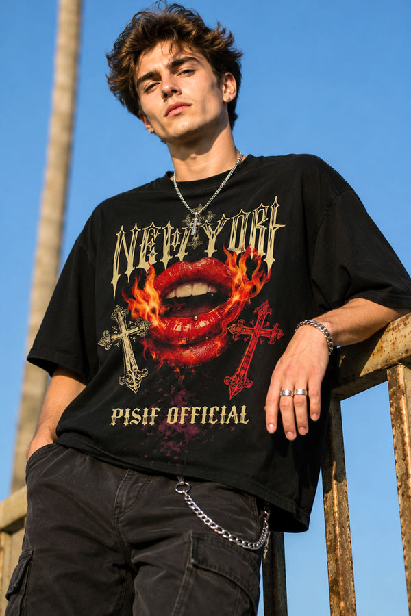 New York Gothic Fire Lips Graphic Streetwear Tee