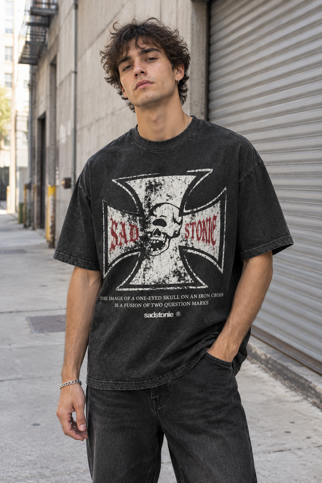 One-Eyed Skull Iron Cross Graphic T-Shirt