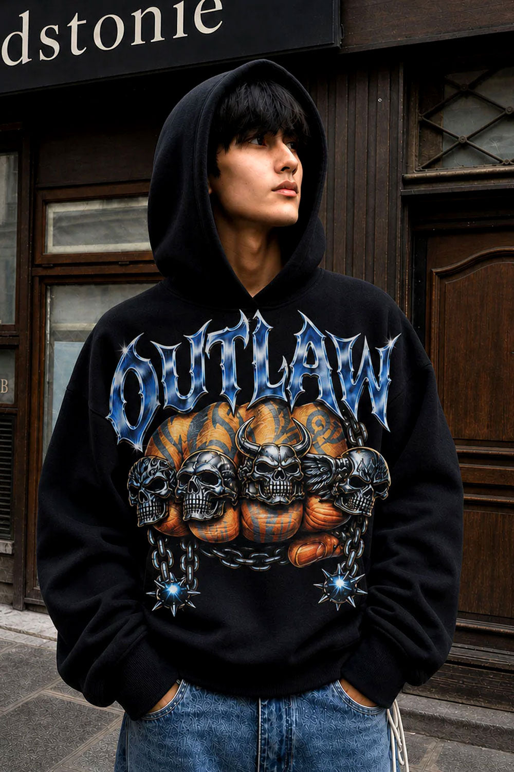 Outlaw Skull Chrome Graphic Black Crop Hoodie