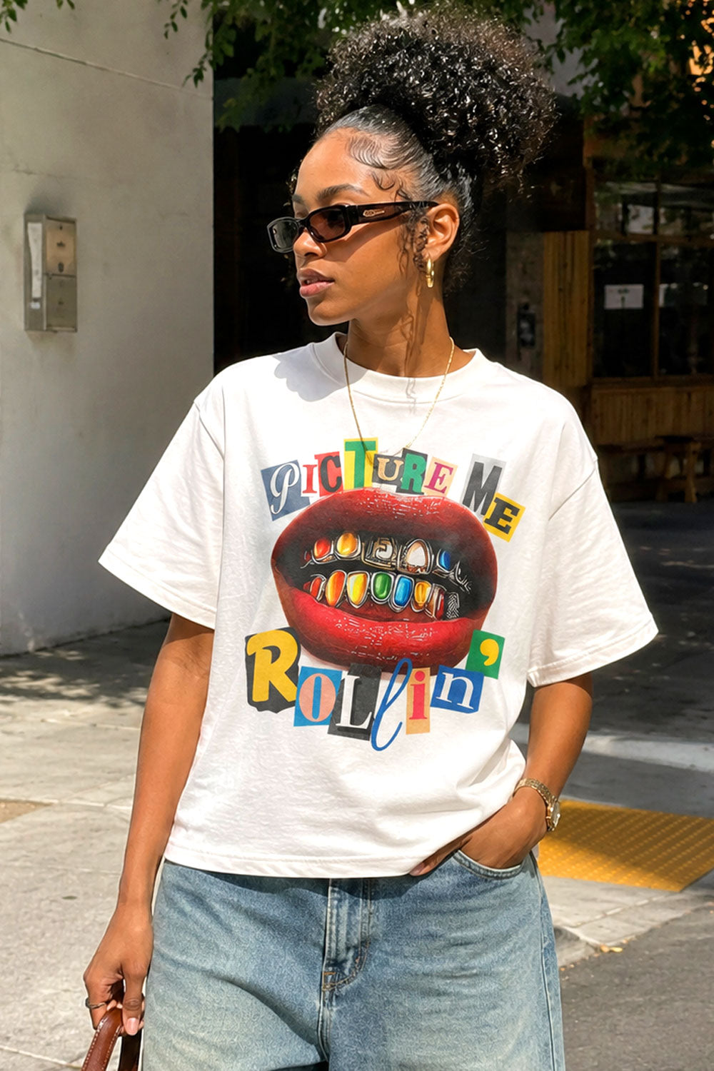 Picture Me Rollin Lips Grillz White Graphic Tee