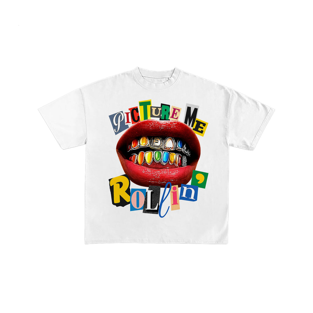 Picture Me Rollin Lips Grillz White Graphic Tee