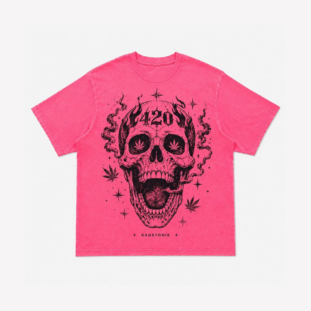 Pink Flaming 420 Skull Graphic T-Shirt