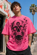 Pink Flaming 420 Skull Graphic T-Shirt