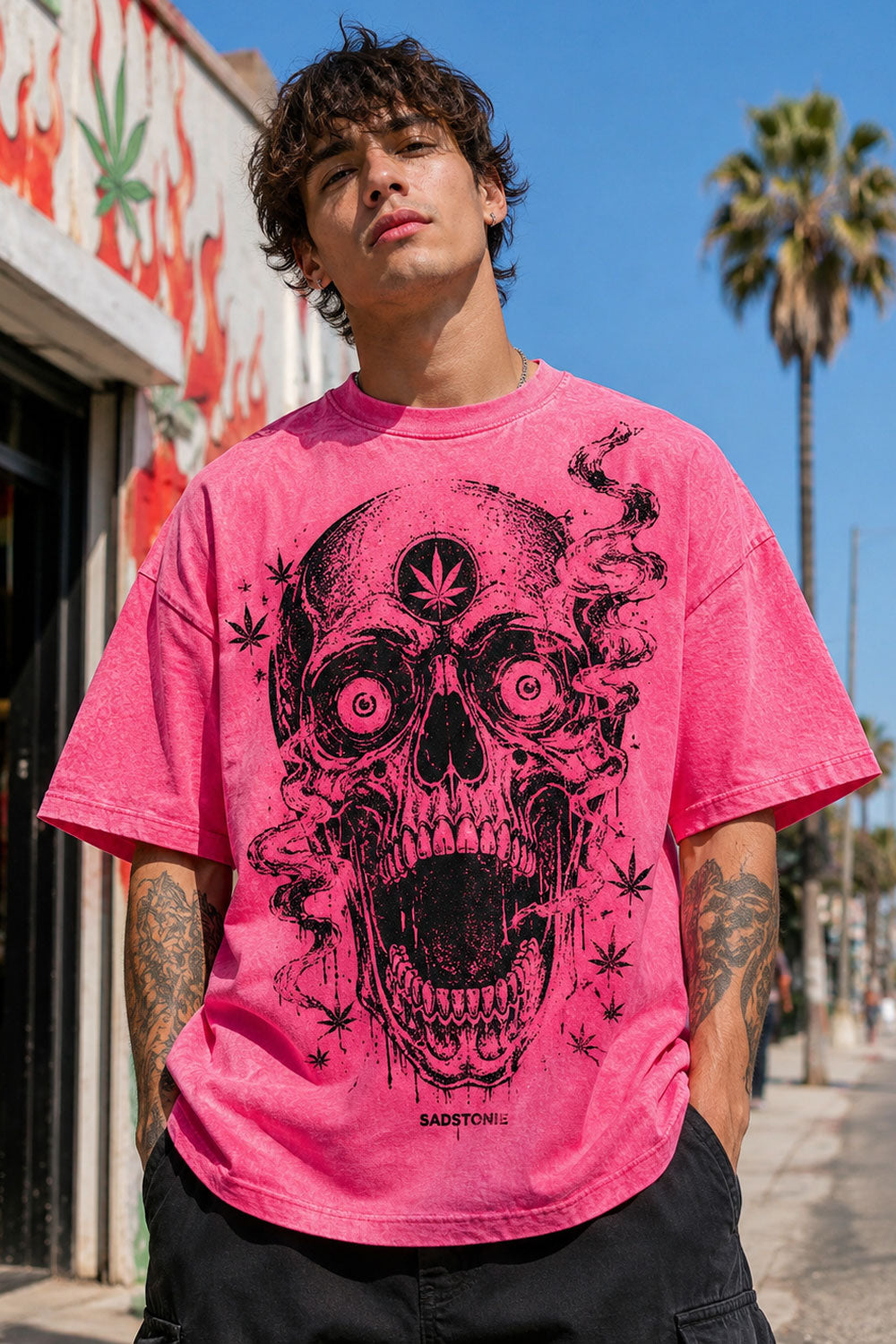 Pink Flaming 420 Skull Graphic T-Shirt