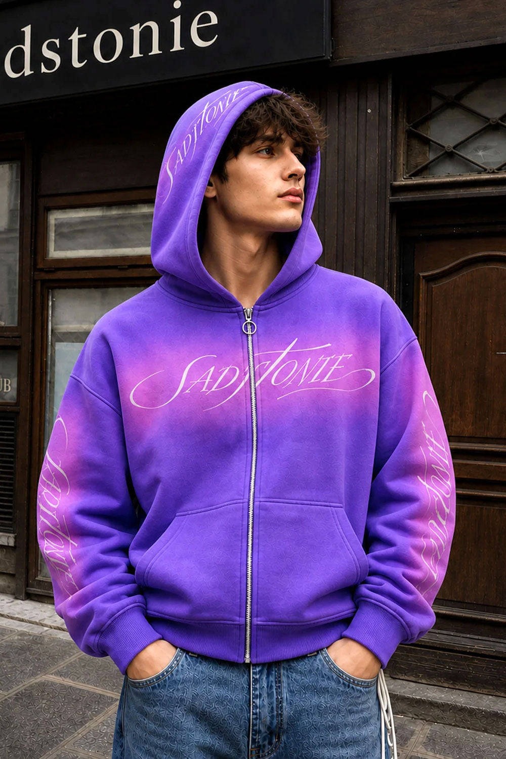 Purple Ombre Script Zip-Up Cropped Hoodie